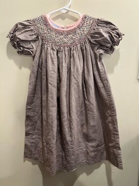 Anavini Hand Smocked Bishop Style Dress (Gingham with Floral Smocking) - Size 2